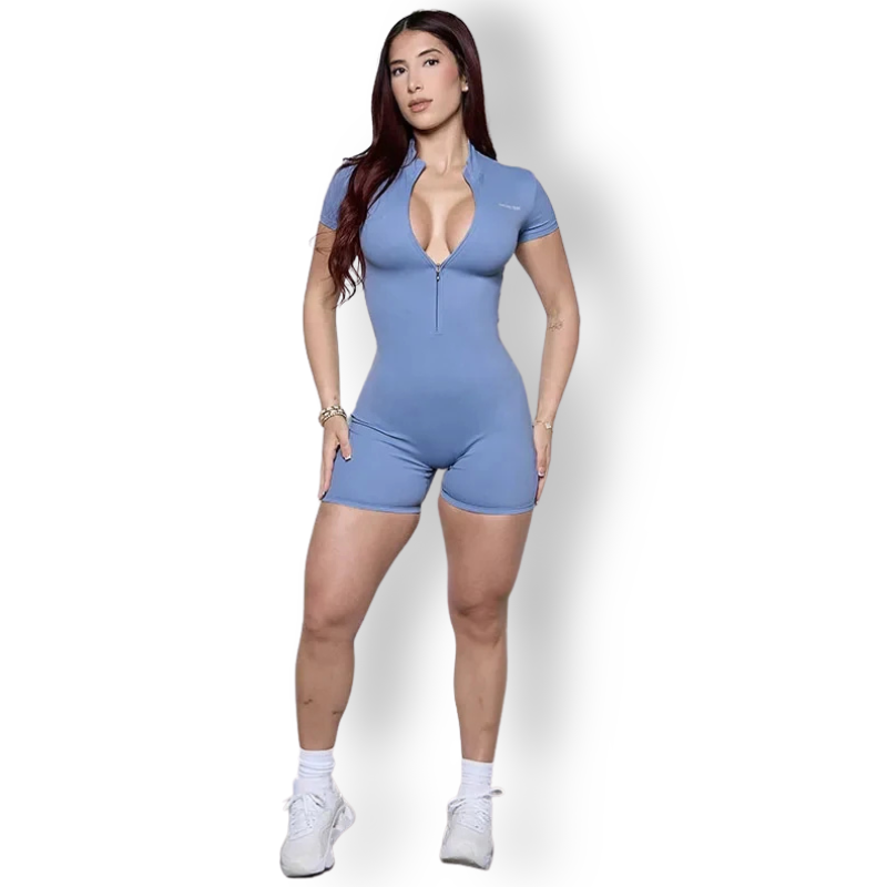 Sculpting Zip-Up One-Piece Romper – Short Sleeve, Curve-Enhancing & Workout Ready