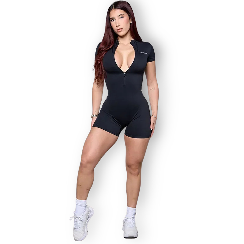 Sculpting Zip-Up One-Piece Romper – Short Sleeve, Curve-Enhancing & Workout Ready